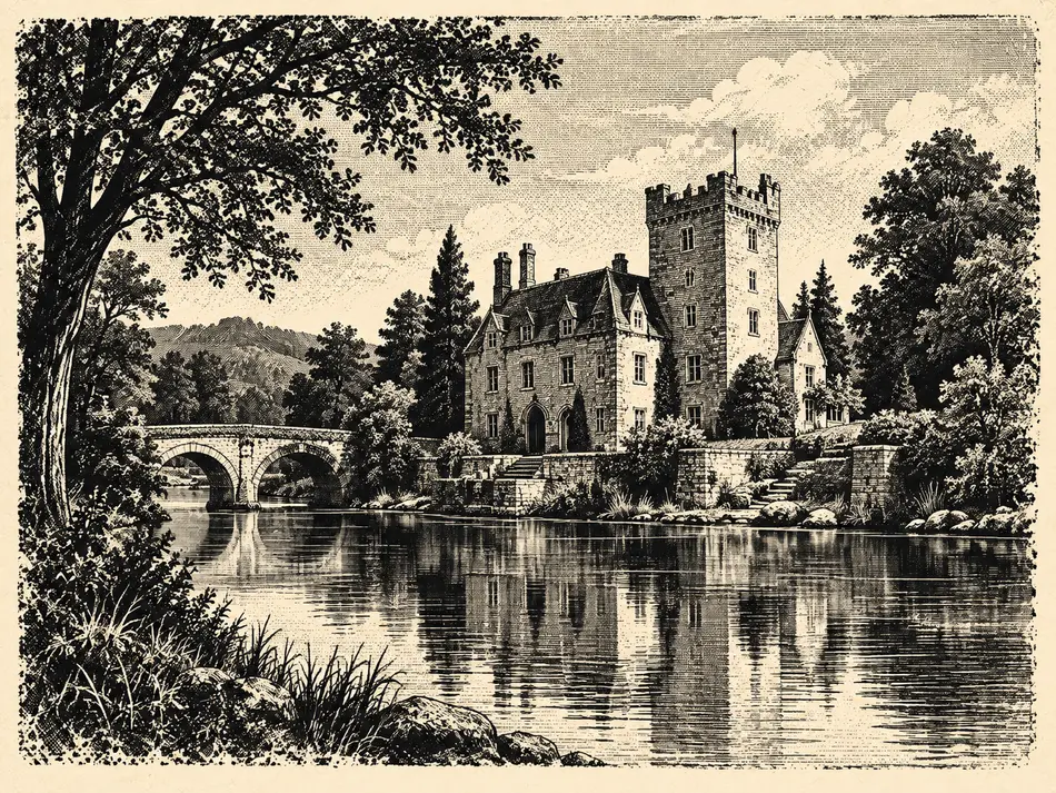 Illustration of a fictional stone manor beside a river